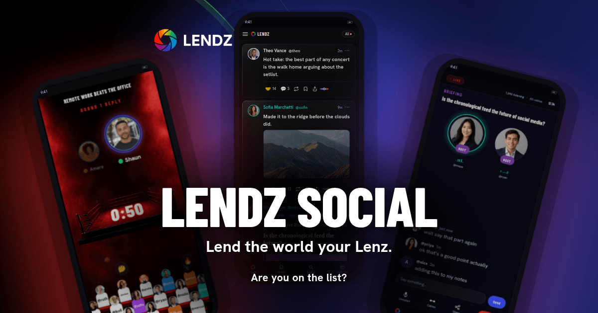 LENDZ Social on three phones: the chronological feed, a live Duel and a live Briefing