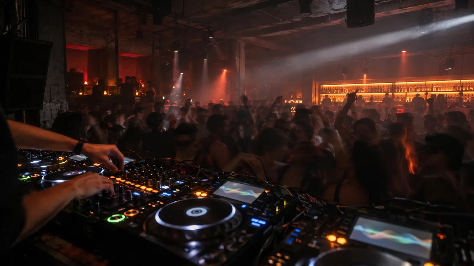 A DJ's hands on the decks and mixer in the booth, the crowd dancing beyond under red and white light.