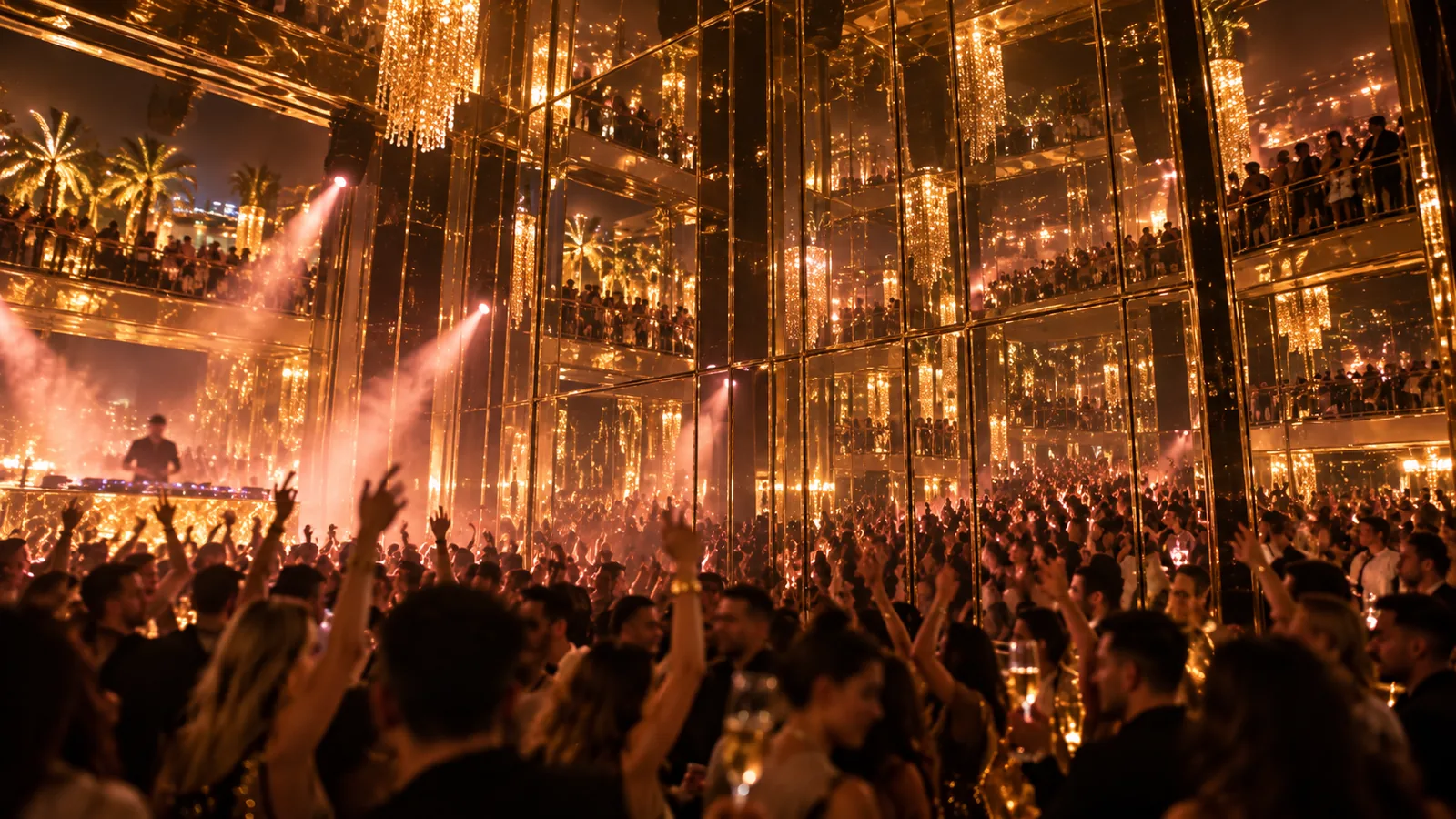 A crowd with hands raised in front of Vanity's mirrored gold walls, pink light cutting through the haze.