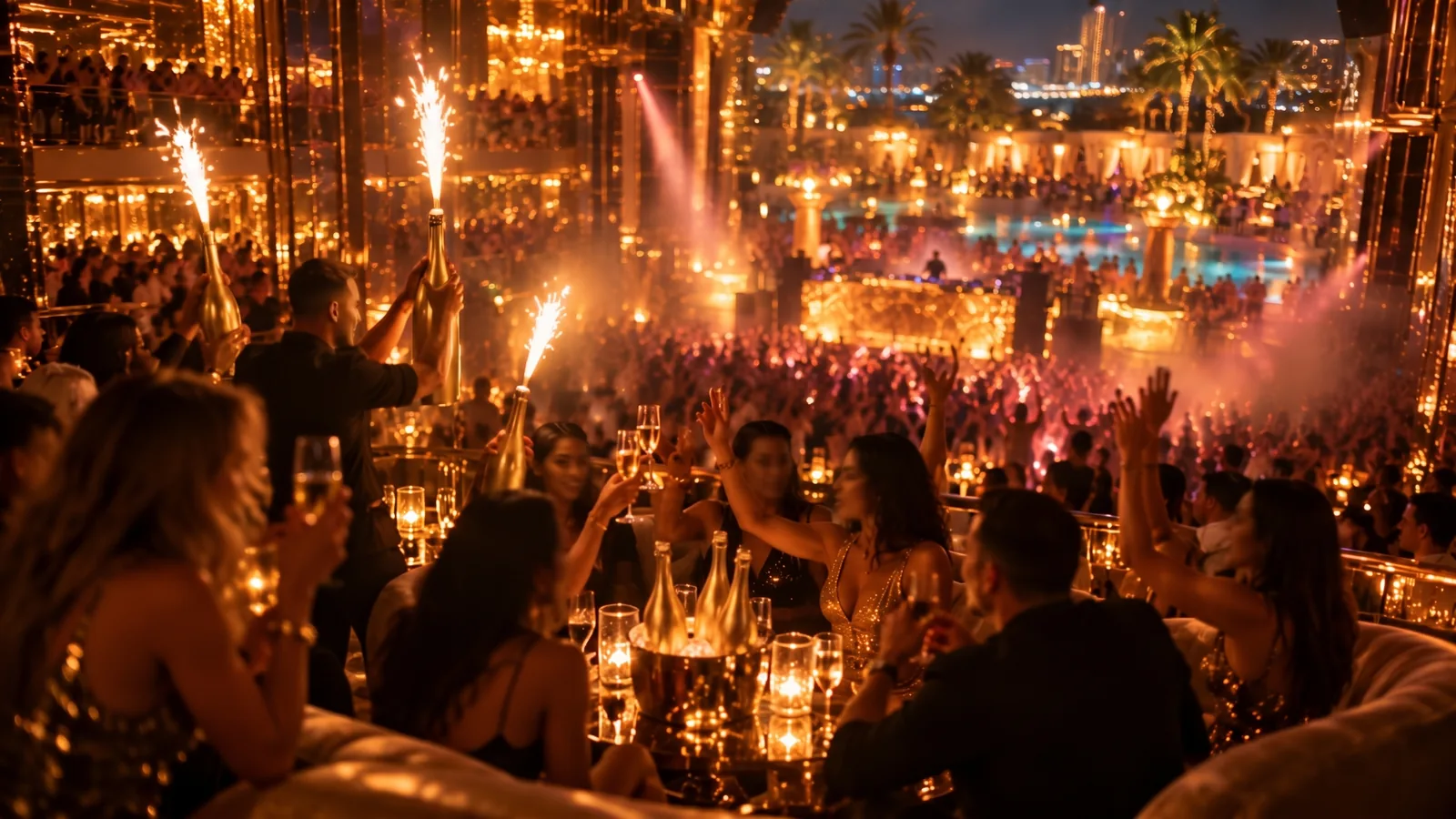 Friends at a table with sparklers and champagne, raising glasses over the crowd, the pool and the skyline behind.